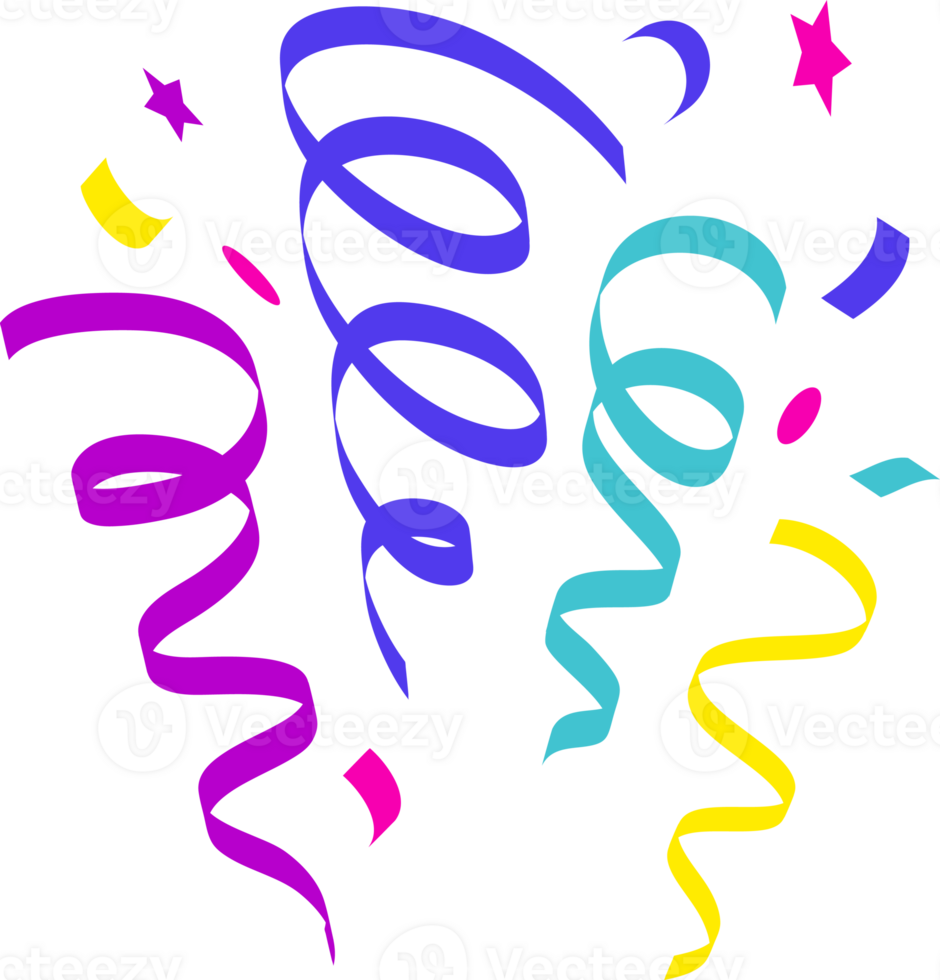 Confetti explosion. Colored elements for birthday party and carnival celebration. Falling serpentine and burst of firework for surprise and gift decoration png