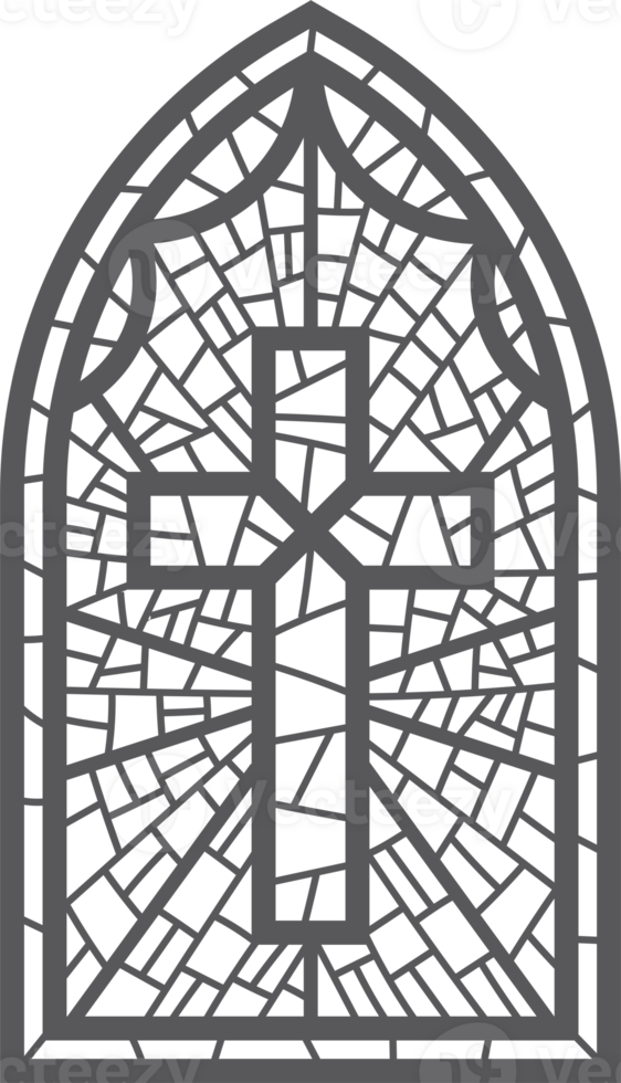 Gothic church glass window. Catholic cathedral frame with cross. Medieval stained castle architecture Christian design mosaic decoration png