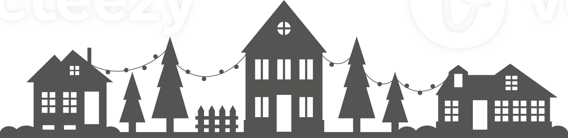 Town and village houses on skyline. Silhouette of small buildings in neighborhood. Christmas rural simple drawing. Winter country landscape with trees in night. png