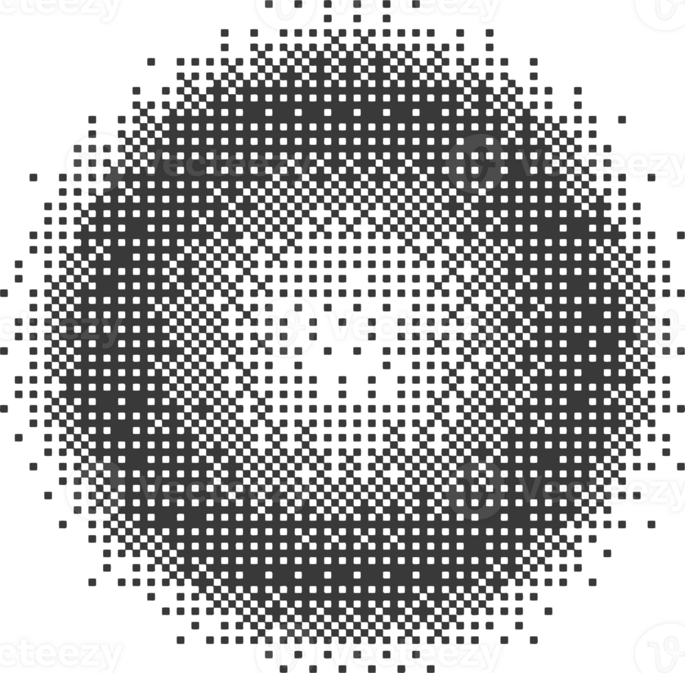Bitmap pixel arcade game effect. Circle with bit pattern texture. Round y2k halftone element. Aesthetic globe with dither gradient. 2000s noisy illustration png