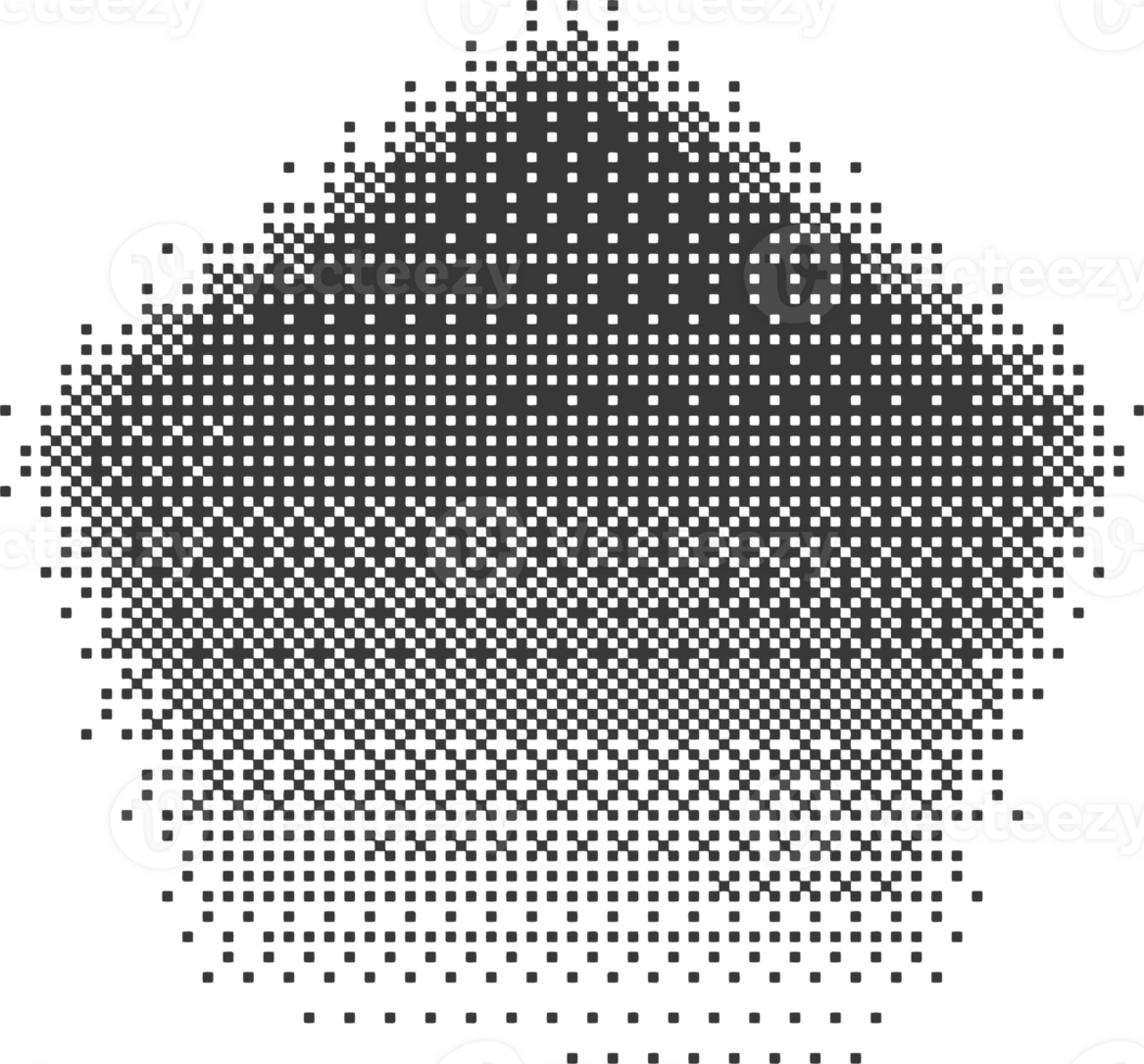 Bitmap pixel arcade game effect. Hexagon y2k halftone shape. Dither aesthetic gradient pentagon icon. 2000s design grainy illustration png