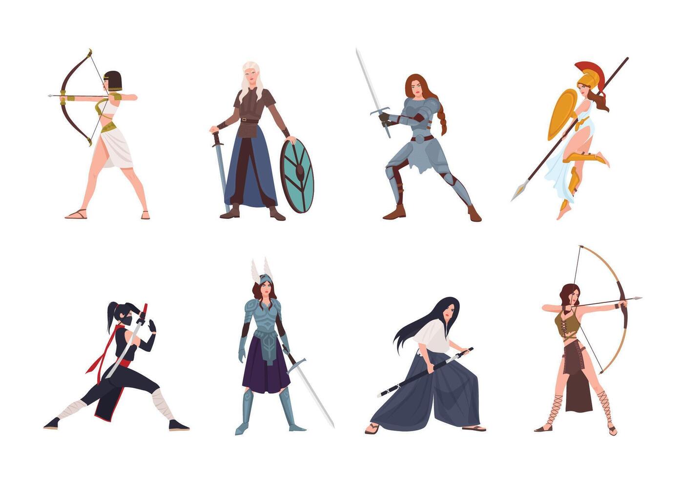 Collection of female warriors from Scandinavian, Greek, Egyptian, Asian mythology and history. Set of women wearing armor and holding weapons isolated on white background. Cartoon illustration. vector
