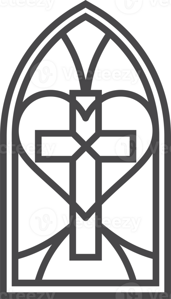 kerk glas venster met Katholiek kruis. gotisch kathedraal boog met patroon. middeleeuws gebrandschilderd kader. silhouet van wijnoogst architectuur schets illustratie png
