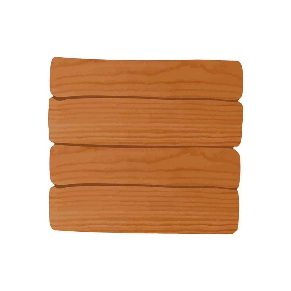 Simple clean wooden billboard made of rough planks nailed together. Empty hanging square signboard isolated on white background. Cartoon decorative design element. Colorful illustration. vector