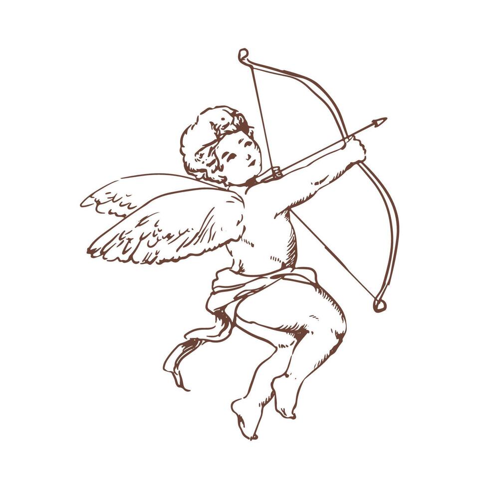 Drawing of adorable Cupid with bow aiming or shooting arrow isolated on white background. God of romantic love, passion and desire, mythological character with wings. Monochrome illustration. vector