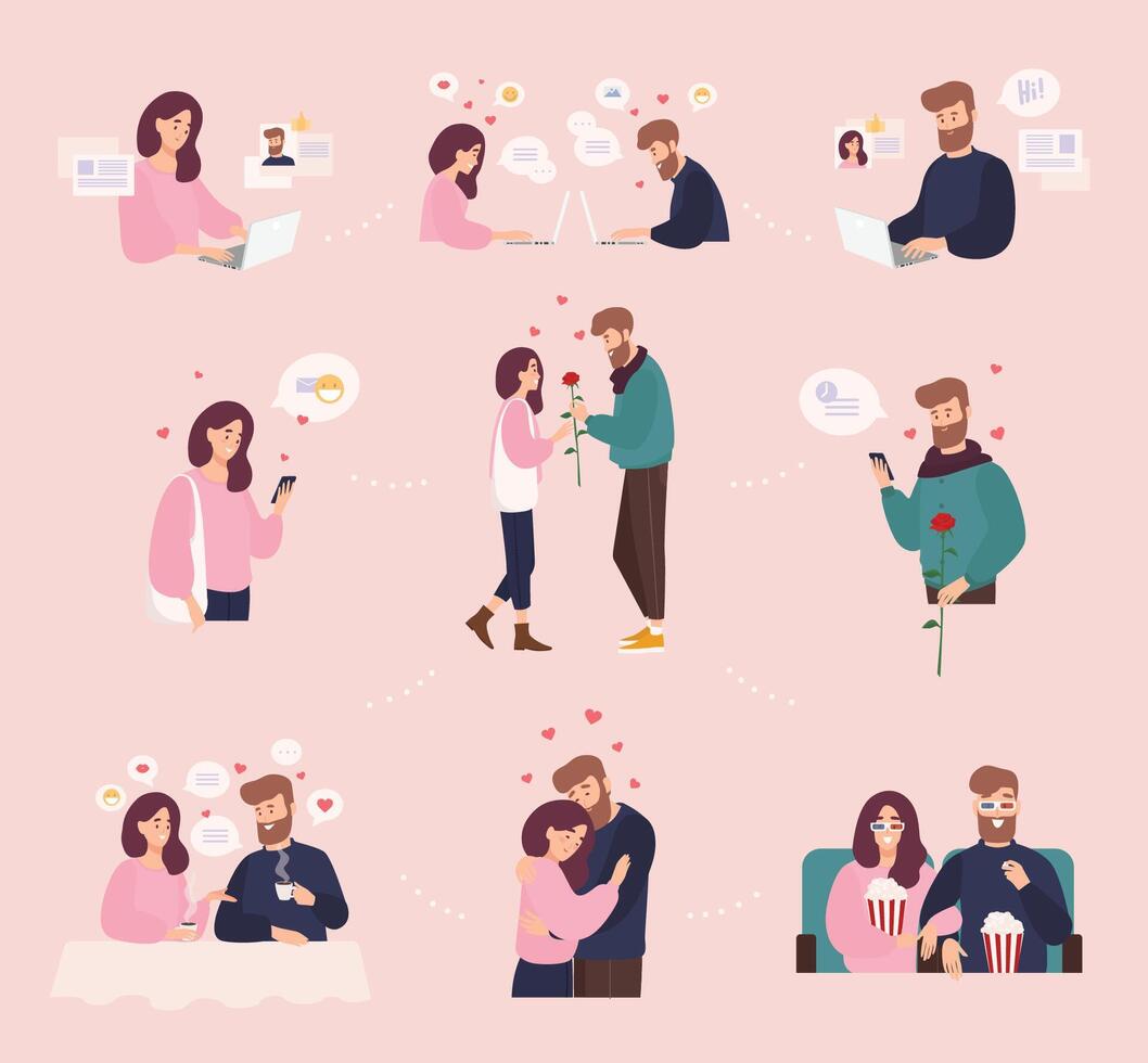 Collection of man and woman using website or mobile application for dating or searching for romantic partner on internet. Cute couple that met online. Flat cartoon colorful illustration. vector