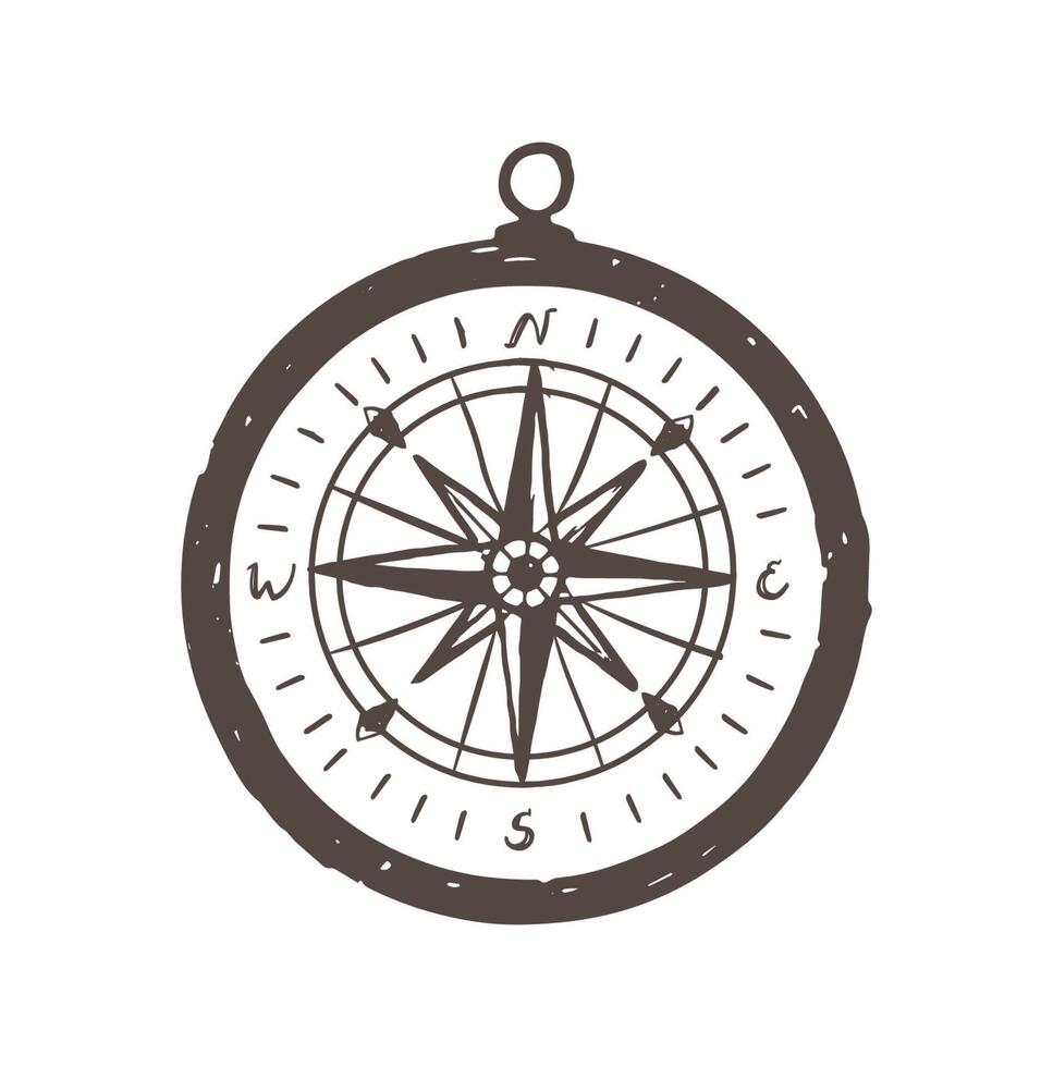 Magnetic compass hand drawn with black contour lines on white background. Tool for navigation and orientation, location finding, tourism and adventure travel. illustration in doodle style. vector