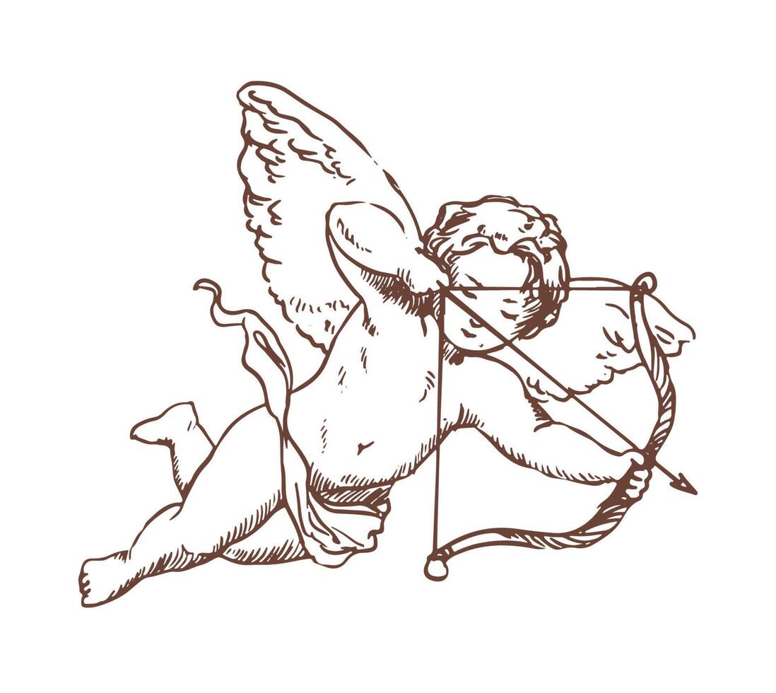 Flying Cupid holding bow and aiming or shooting arrow hand drawn with contour lines on white background. God of love, Amor, Eros or mythological character with wings. Monochrome illustration. vector