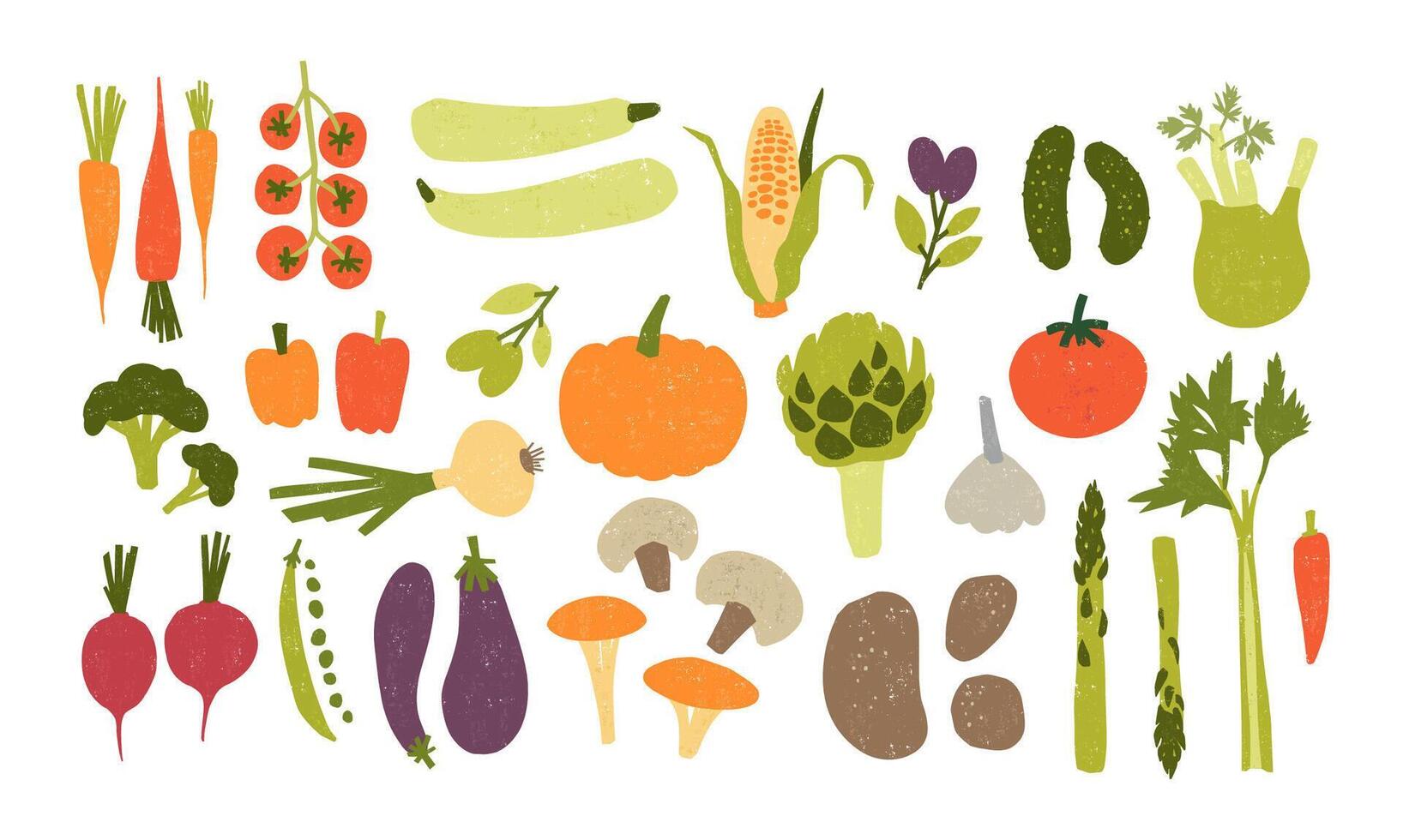 Collection of colorful hand drawn fresh delicious vegetables isolated on white background. Bundle of healthy and tasty vegan products, wholesome vegetarian food. Flat cartoon illustration. vector