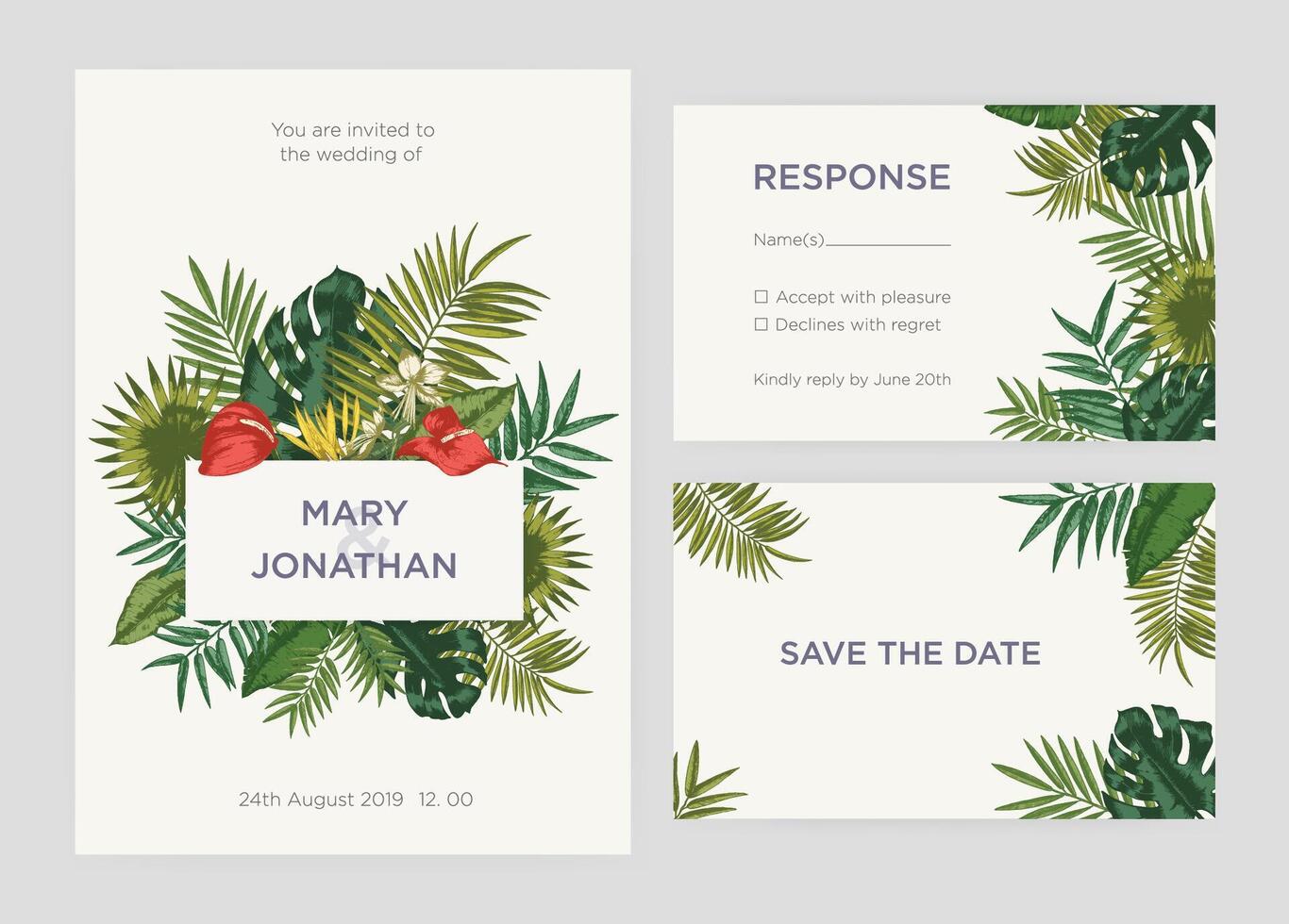 Collection of elegant templates for Save the Date card, wedding invitation response note decorated with hand drawn leaves of exotic plants or tropical jungle foliage. Natural illustration. vector