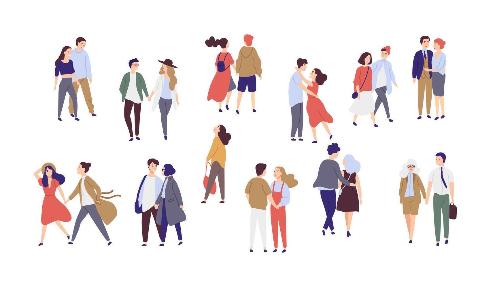 Standing lonely single girl surrounded by happy romantic couples walking together or pairs of men and women on date. Flat cartoon characters isolated on white background. Colorful illustration. vector