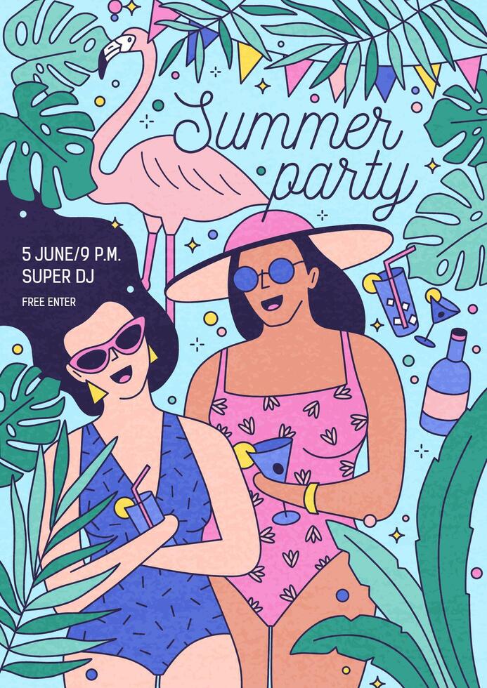 Flyer, invitation or poster template for summer party with happy women in swimsuits holding exotic cocktails and surrounded by tropical foliage. illustration for outdoor event advertisement. vector