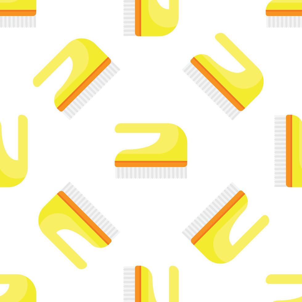Cleaning brush seamless pattern on white background. Scrubbing brush with orange and yellow handle for housework vector