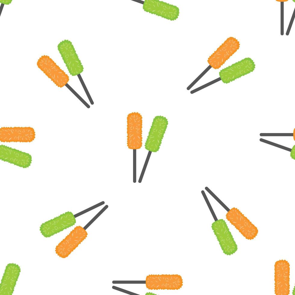 Orange and green cleaning dusters forming a seamless pattern on white background vector