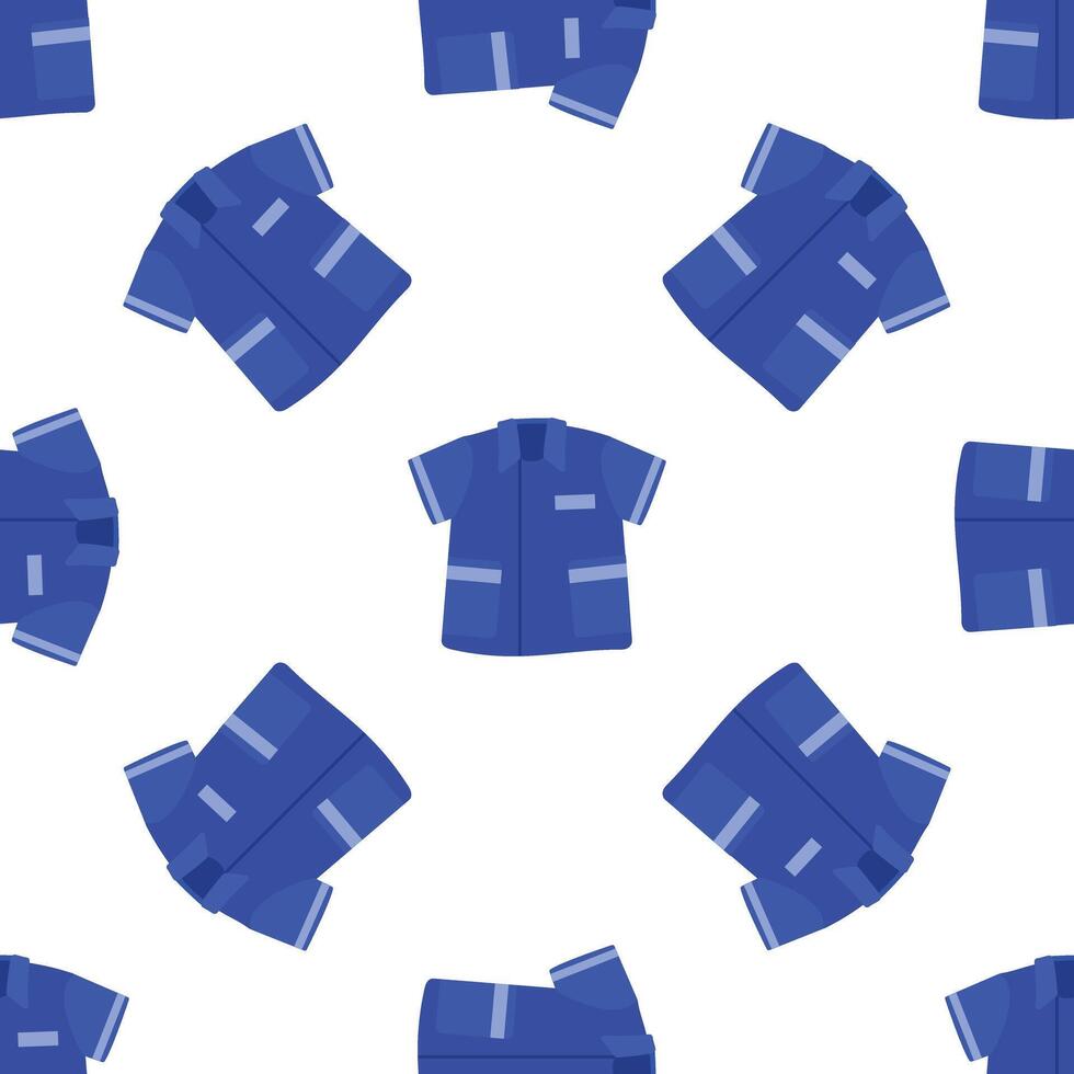 Seamless pattern of blue short sleeved shirts with pockets and reflective stripes on white background vector