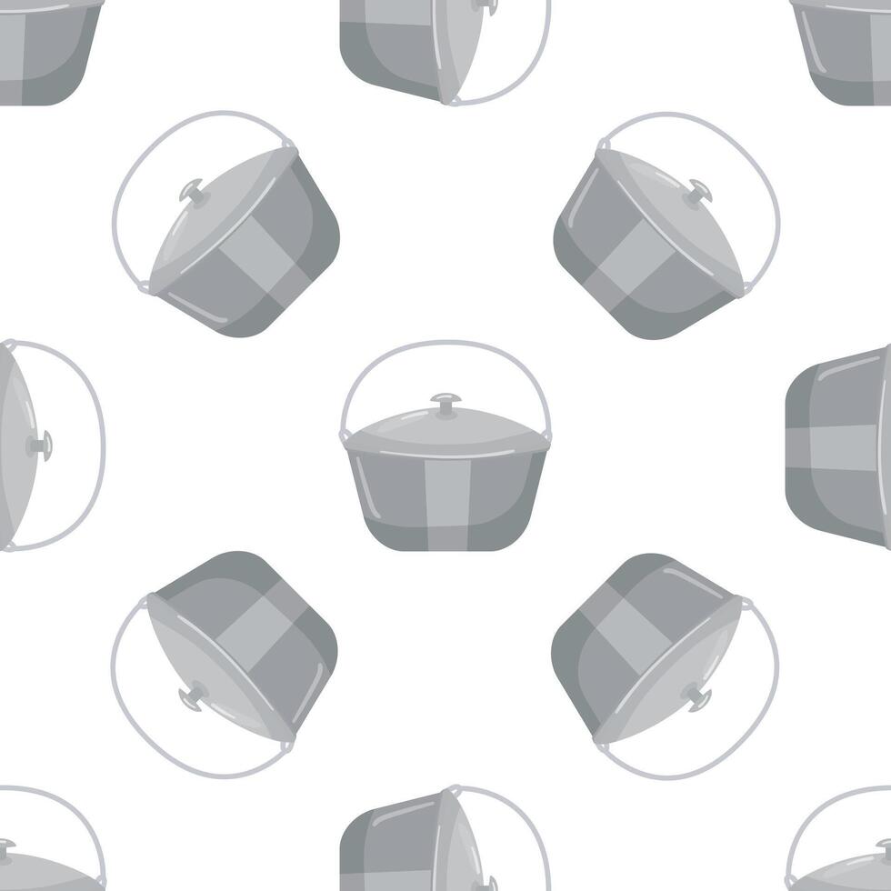 Camping pot seamless pattern on white background, cooking pot with lid and handle, monochrome vector illustration