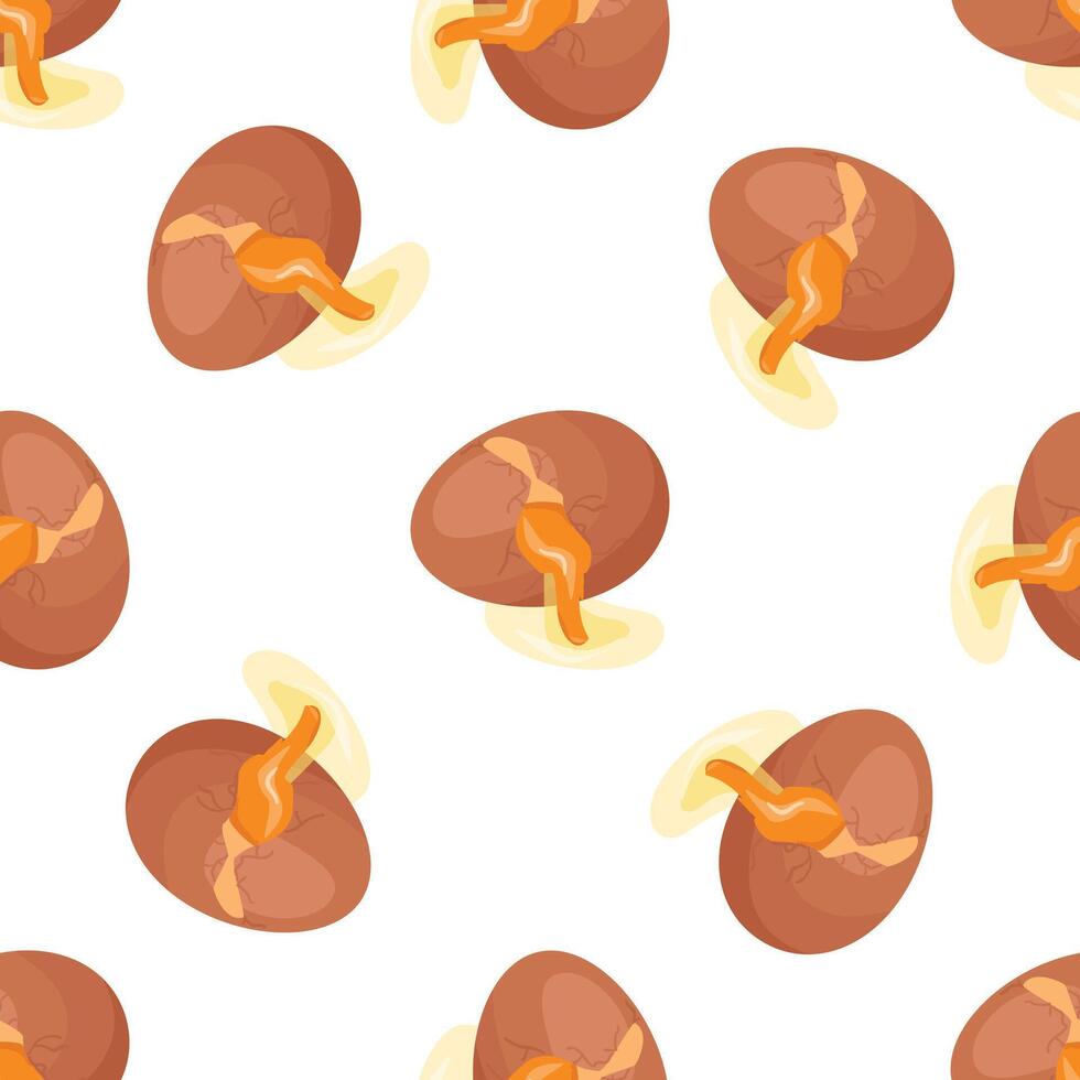Cracked eggs seamless pattern leaking yolk and egg white on white background vector