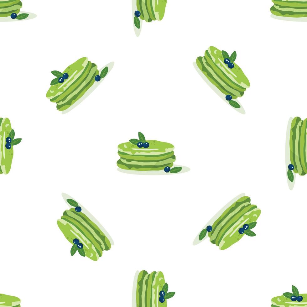 Matcha pancakes with blueberries seamless pattern on white background vector