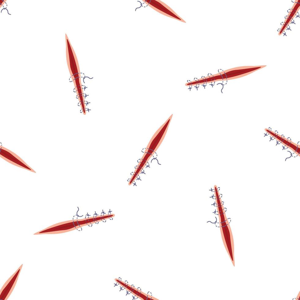 Surgical wound closing with stitches seamless pattern on white background vector