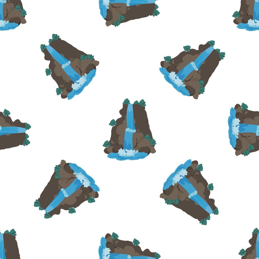 Waterfall cascading down rocky mountain seamless pattern on white background vector