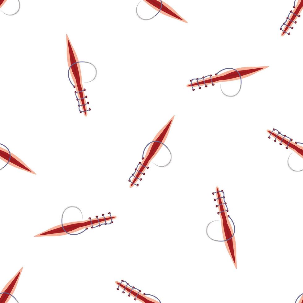 Surgical wound with stitches forming seamless pattern on white background vector