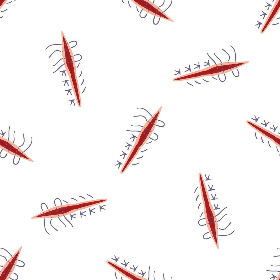 Surgical wound healing with stitches forming seamless pattern on white background vector