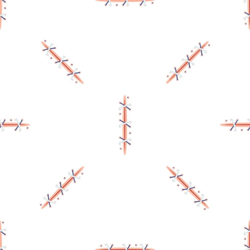 Surgical suture closing wound creating seamless pattern on white background vector