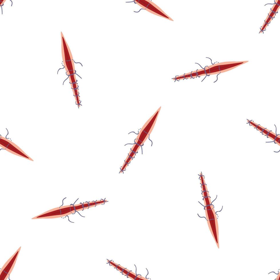 Surgical wound showing sutures with red scar tissue seamless pattern on white background vector
