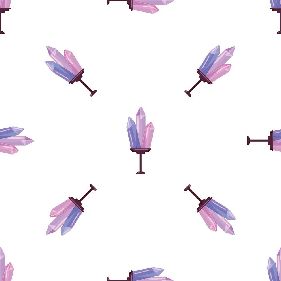 Seamless pattern with shiny pink and purple crystals on stands displayed, ideal for esoteric or fantasy backgrounds vector