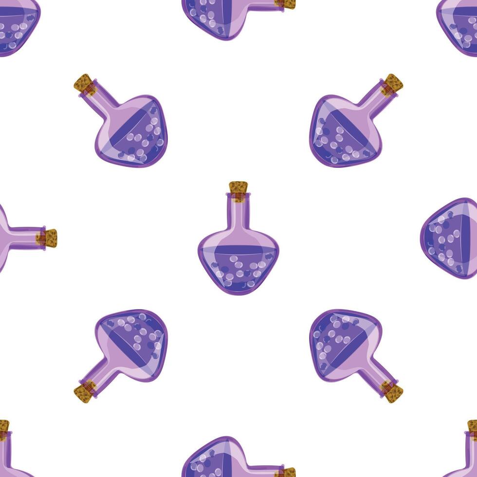 Seamless pattern with magic potion bottles bubbling with purple liquid vector