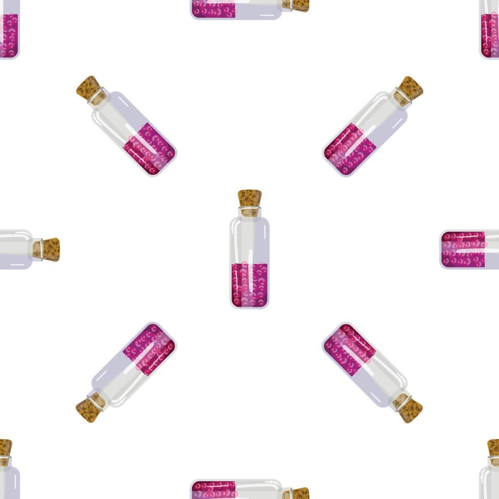 Seamless pattern with glass bottles containing sparkling pink potion vector