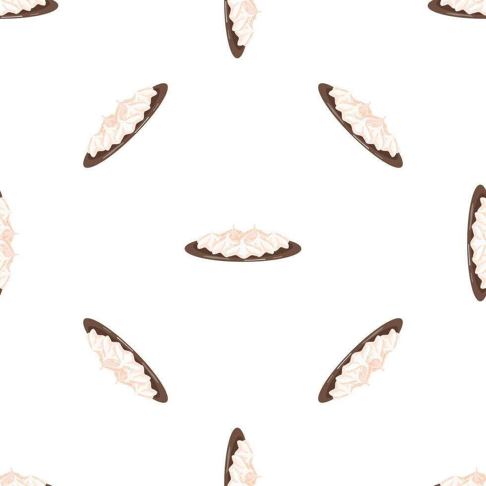 Delicious meringue cookies resting on dark chocolate discs, forming a seamless pattern vector
