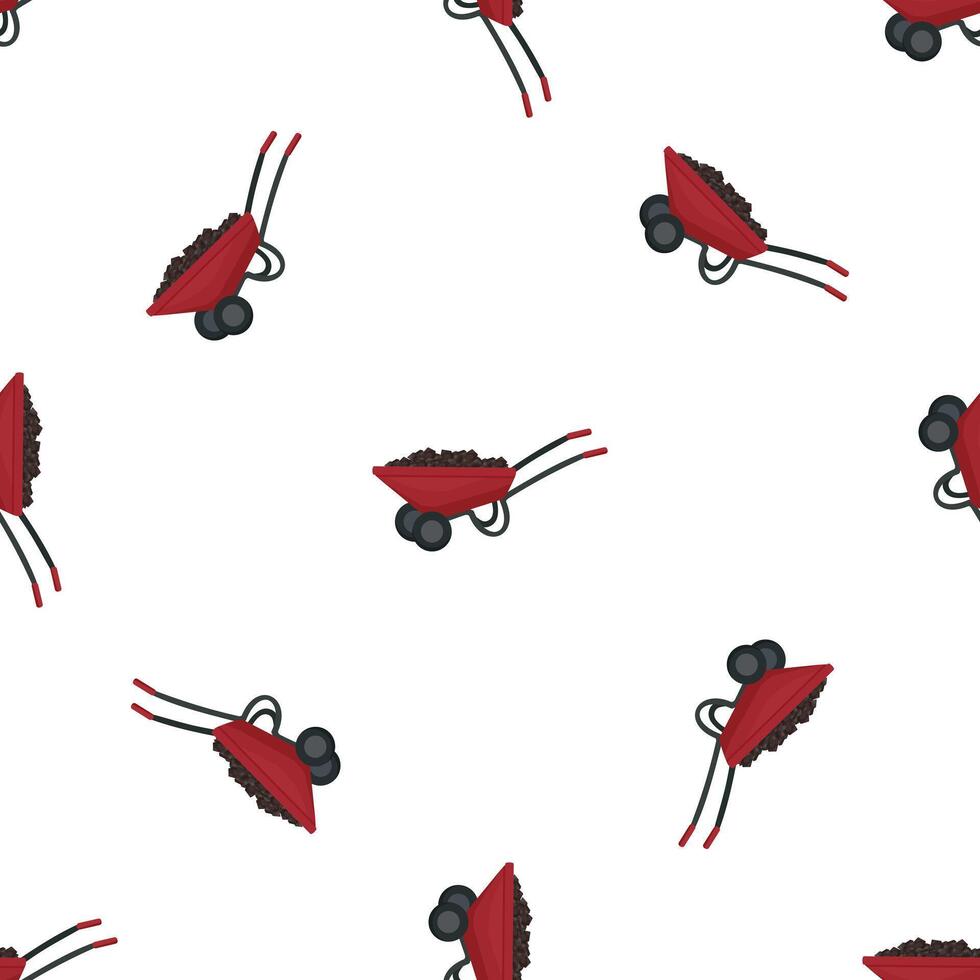 Red wheelbarrow carrying soil, coal or fertilizer on seamless pattern background vector