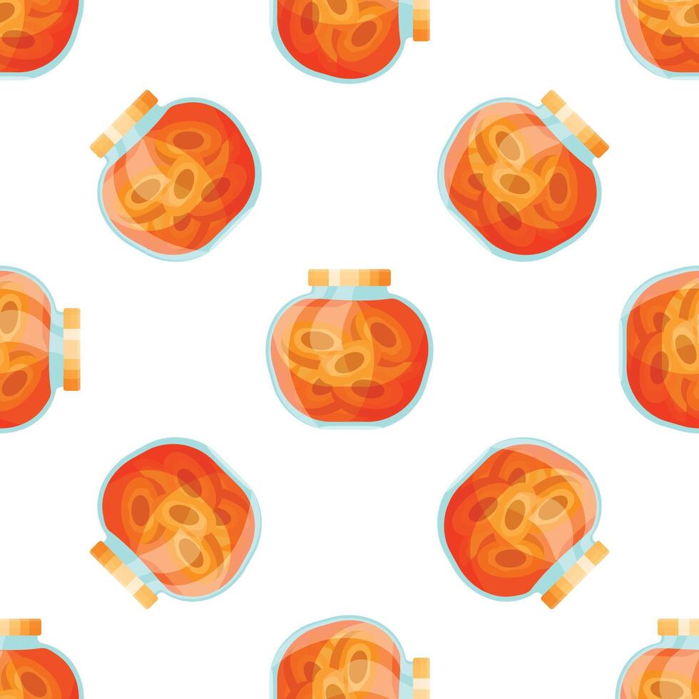 Seamless pattern of glass jars filled with sliced pickled vegetables preserved in vinegar or brine vector