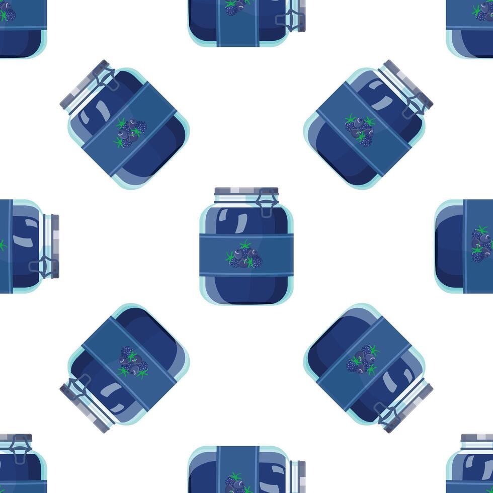 Seamless pattern with glass jar of blackberry jam preserving on white background vector