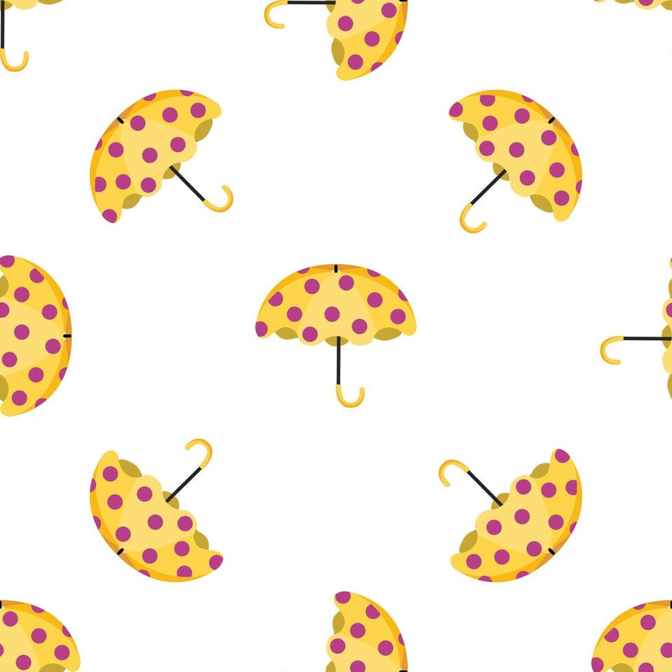 Yellow umbrella with purple polka dots seamless pattern on white background vector