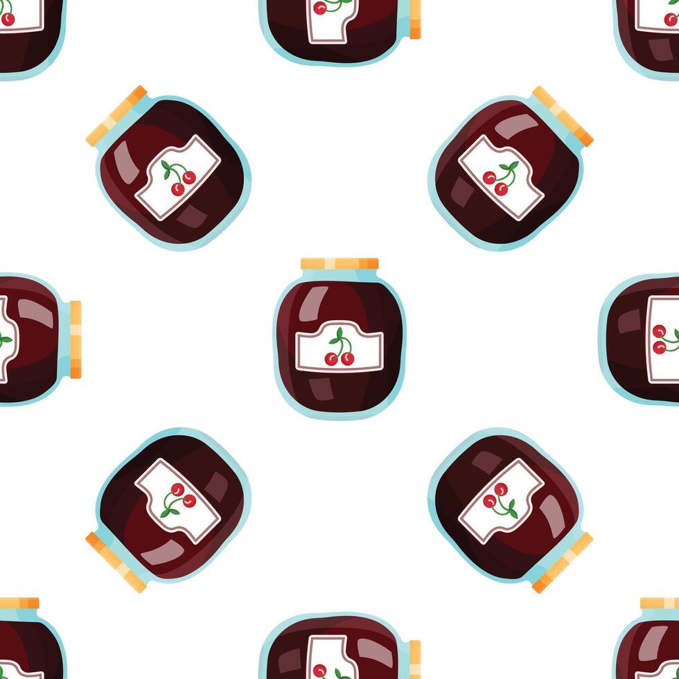 Cherry jam glass jars seamless pattern on white background vector
