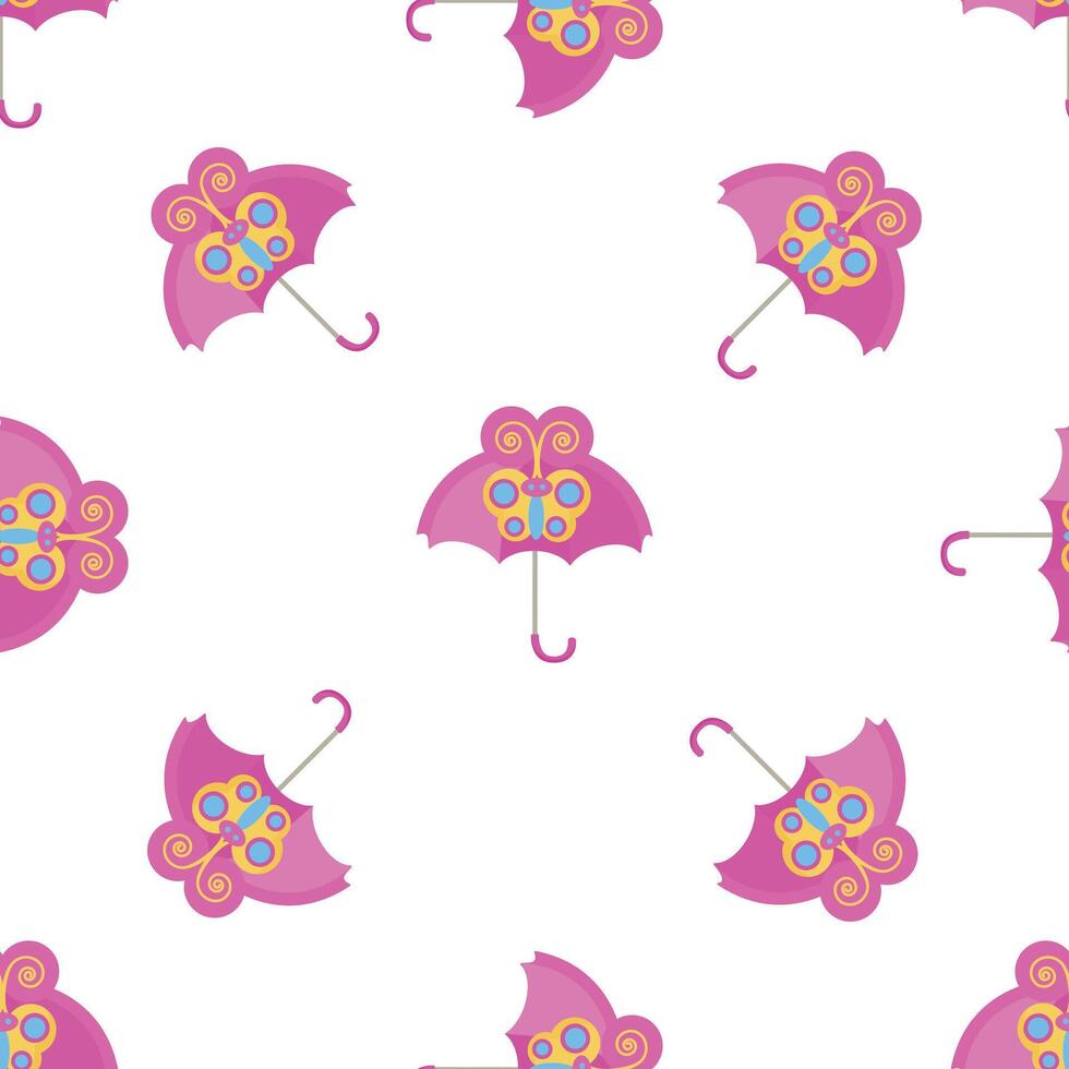 Pink umbrellas with butterfly decoration seamless pattern on white background vector