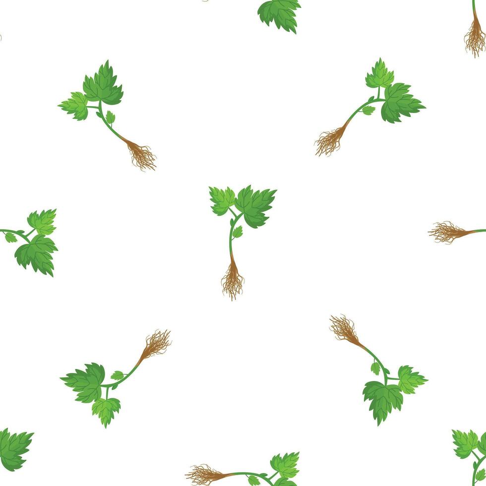 Seamless pattern of hops seedlings growing with roots and leaves vector