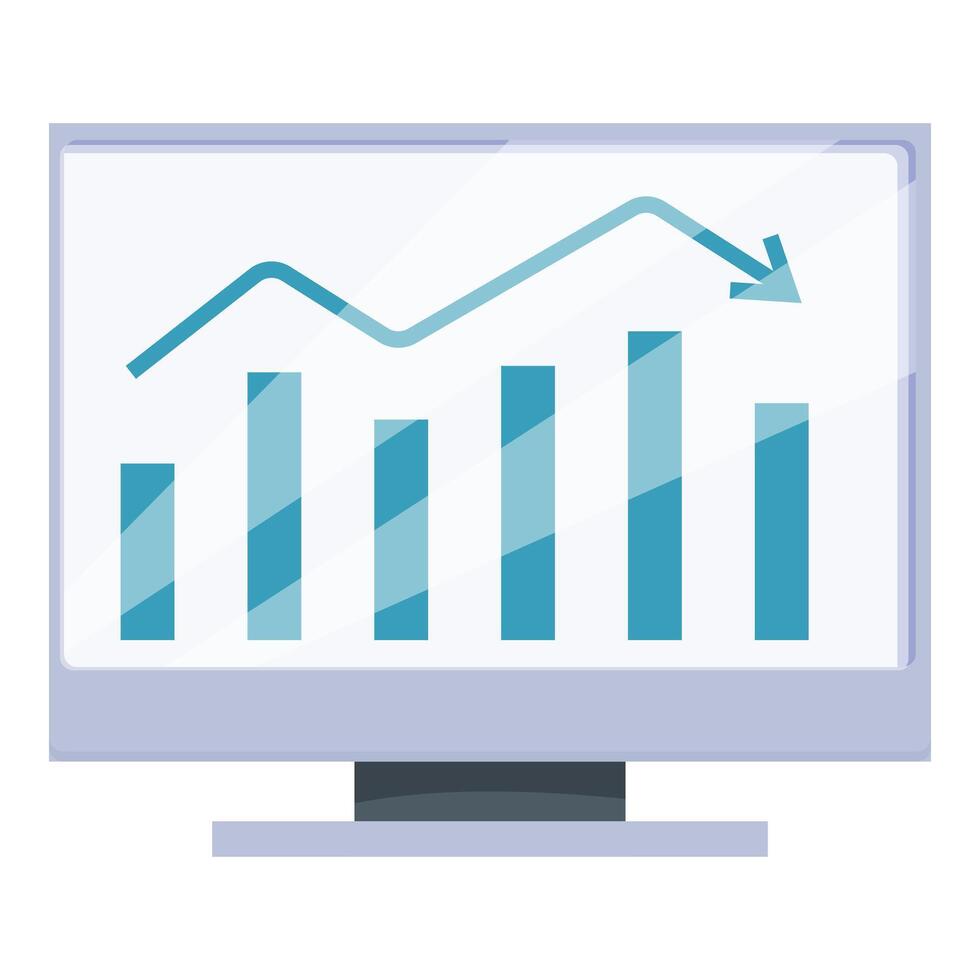 Decreasing bar graph and line graph showing negative trend on computer monitor vector