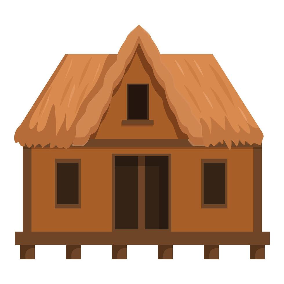 Wooden hut with thatched roof standing on stilts, tropical paradise getaway vector