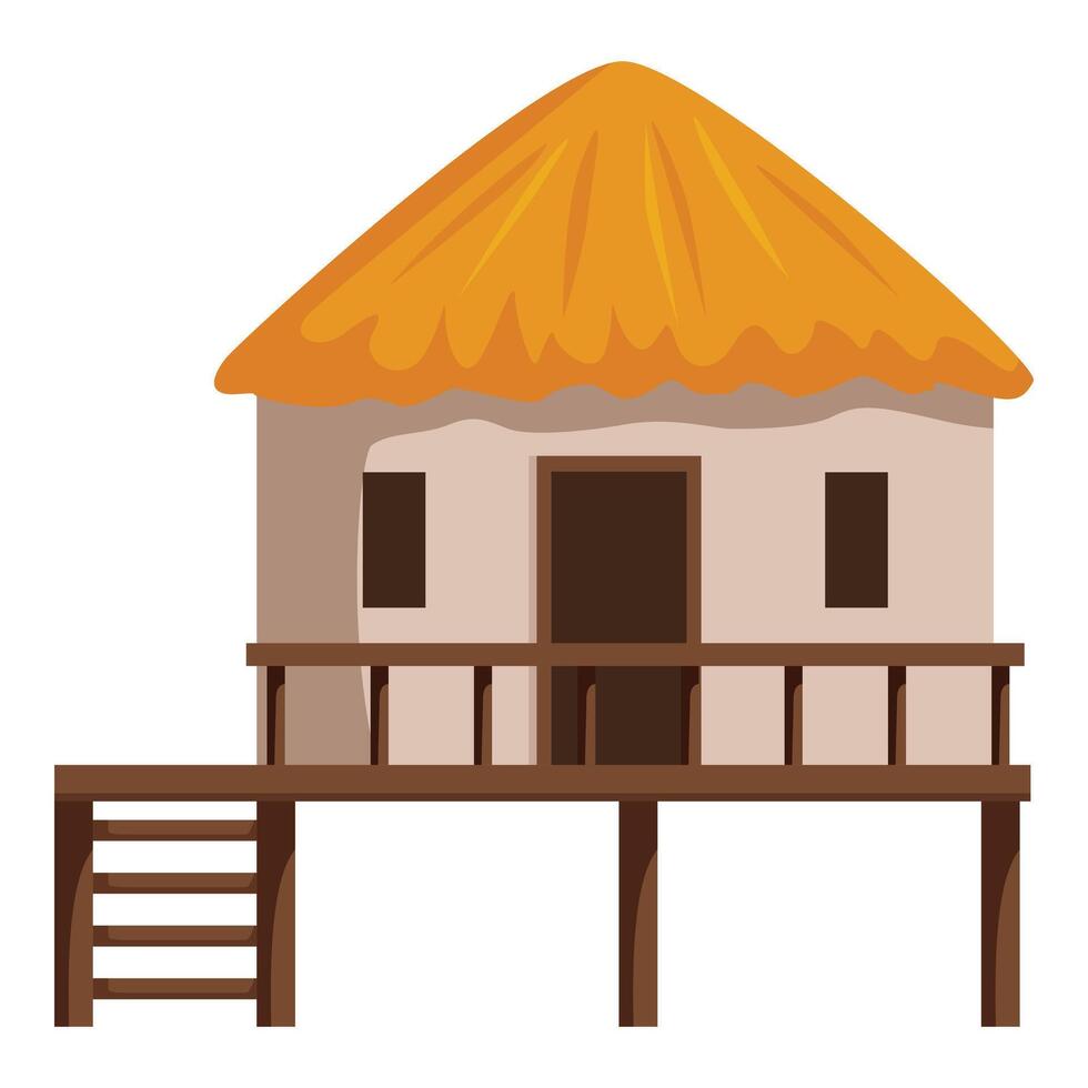 Tropical bungalow standing on wooden stilts with thatched roof vector