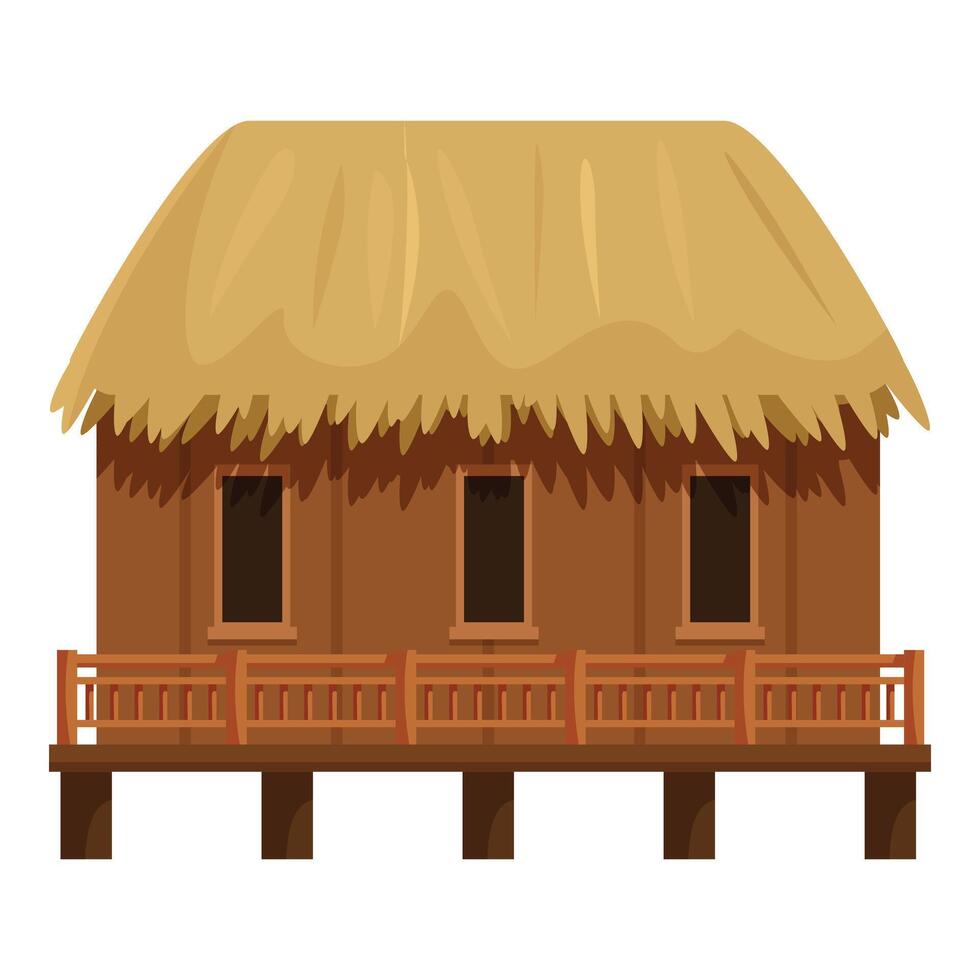Wooden hut with thatched roof standing on stilts, tropical paradise getaway vector