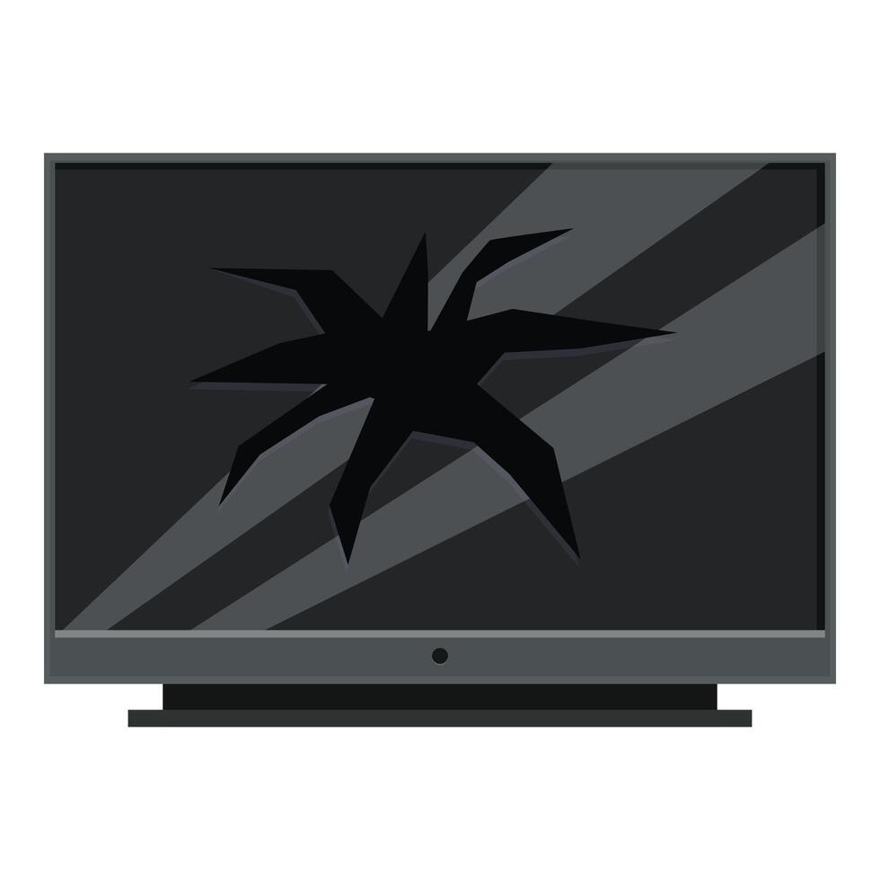 Broken tv screen with large hole from impact showing cracks radiating outwards vector