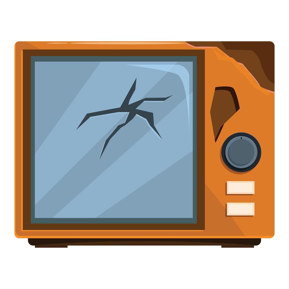 Old broken television set with cracked screen displaying static vector