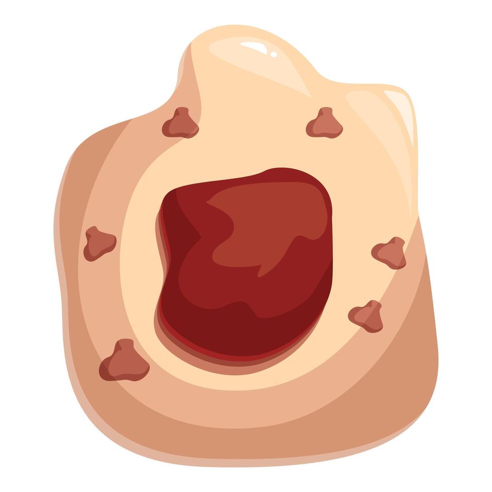 Irregular shaped cookie with chocolate chips and red filling is looking delicious vector