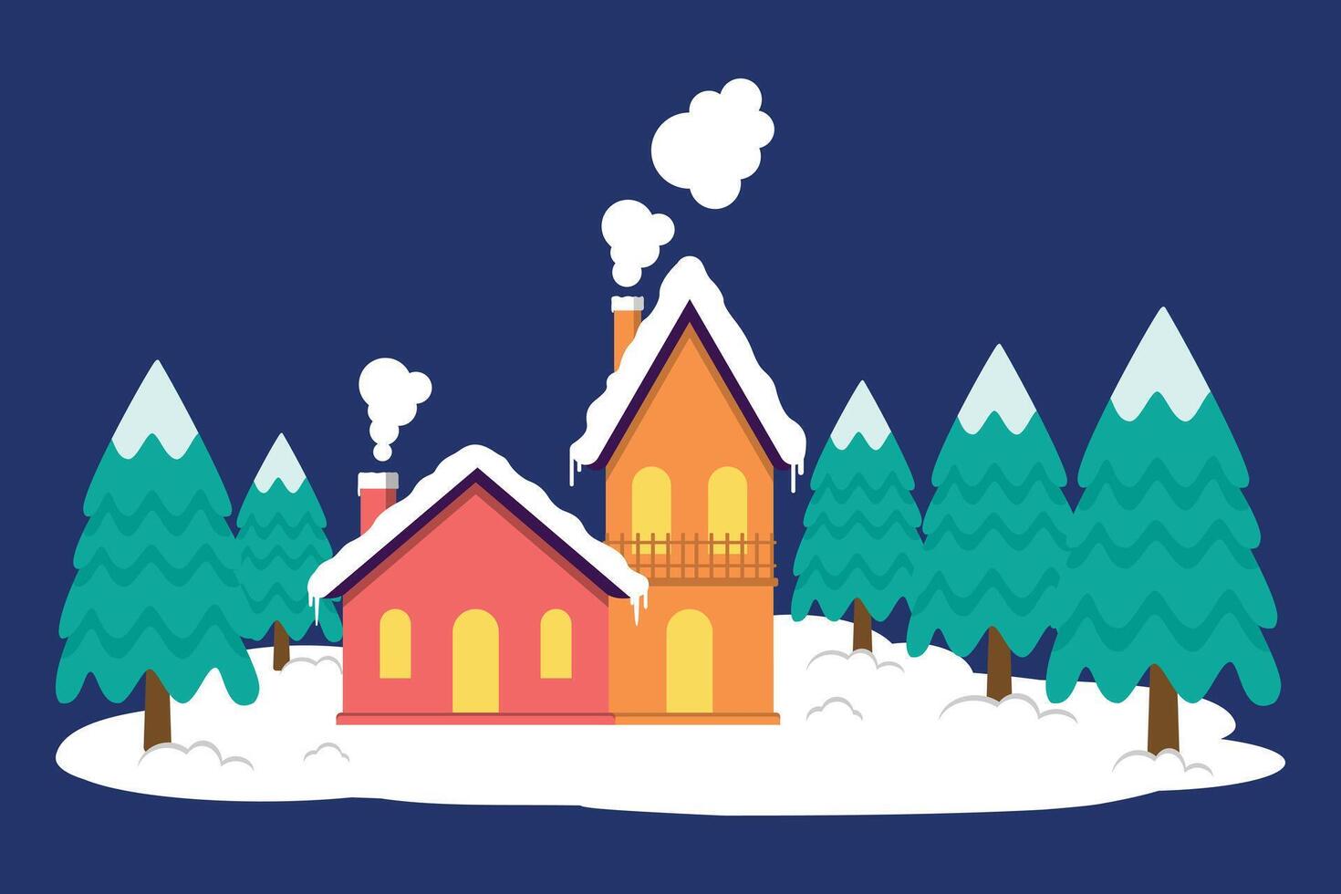 House Or Residence Surrounded By Snow And Pine Trees In Christmas Season vector