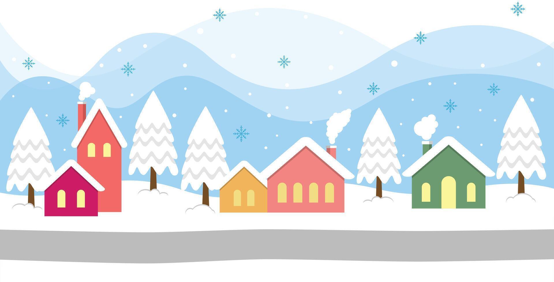 Elegant Colorful Snowy Village And Warm Light In Winter Christmas Season vector