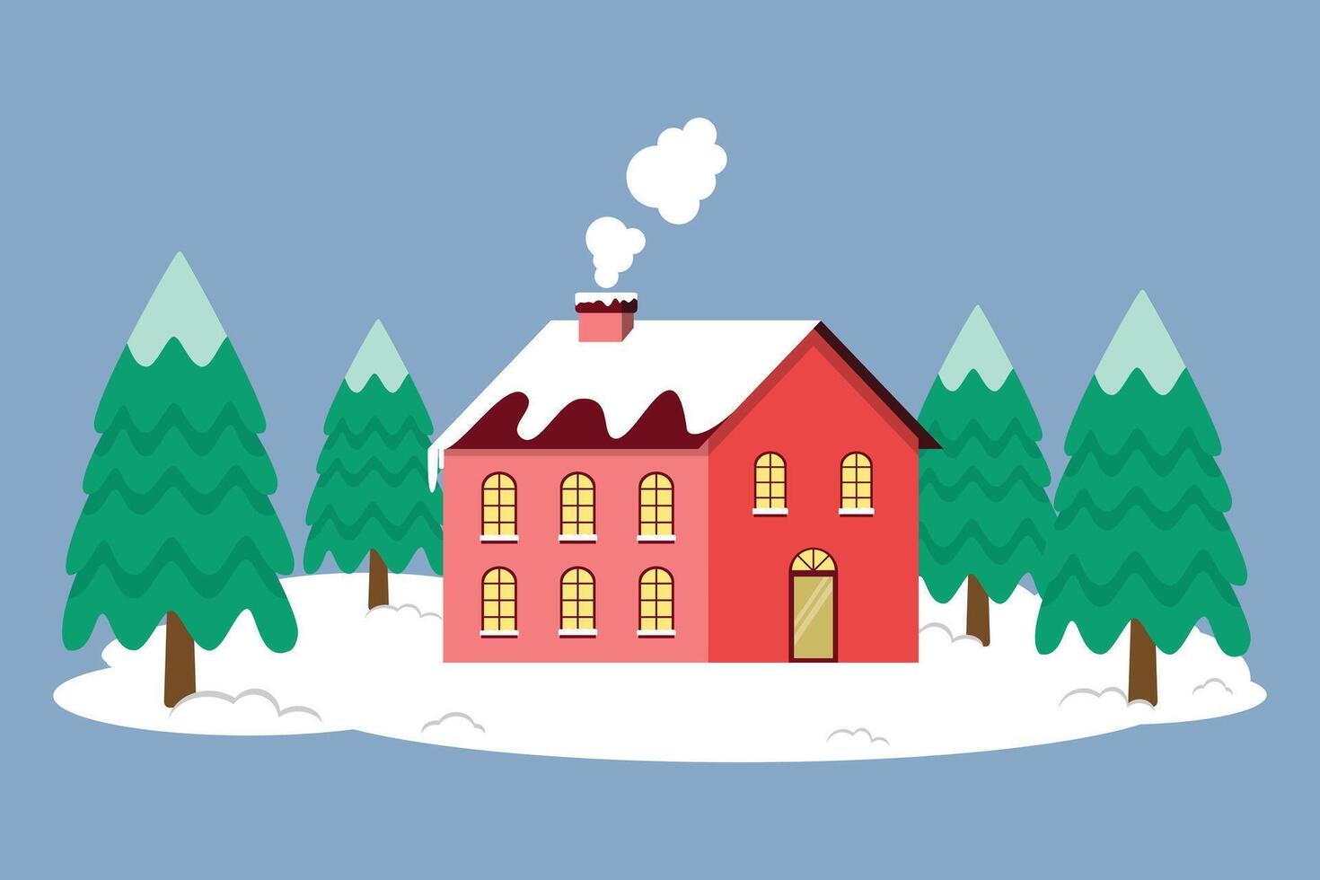 Beautiful House Or Hotel With Warm Light Surrounded By Pine Trees In Christmas Season vector