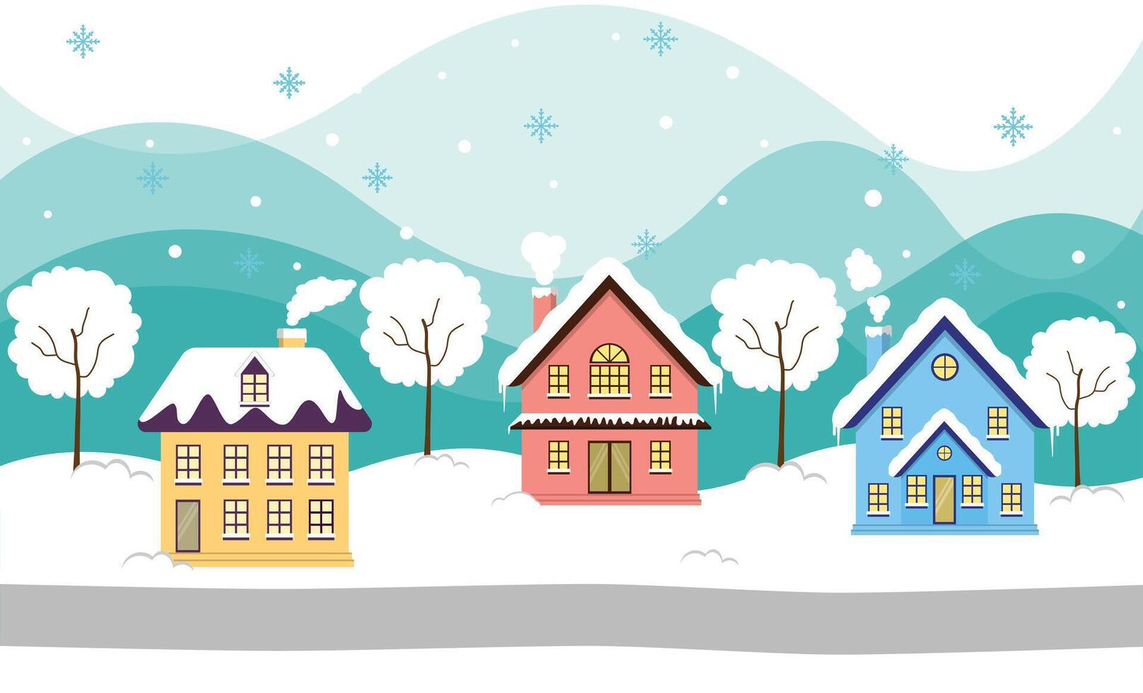 Colorful Village With Snow And Warm Light In Christmas Winter vector